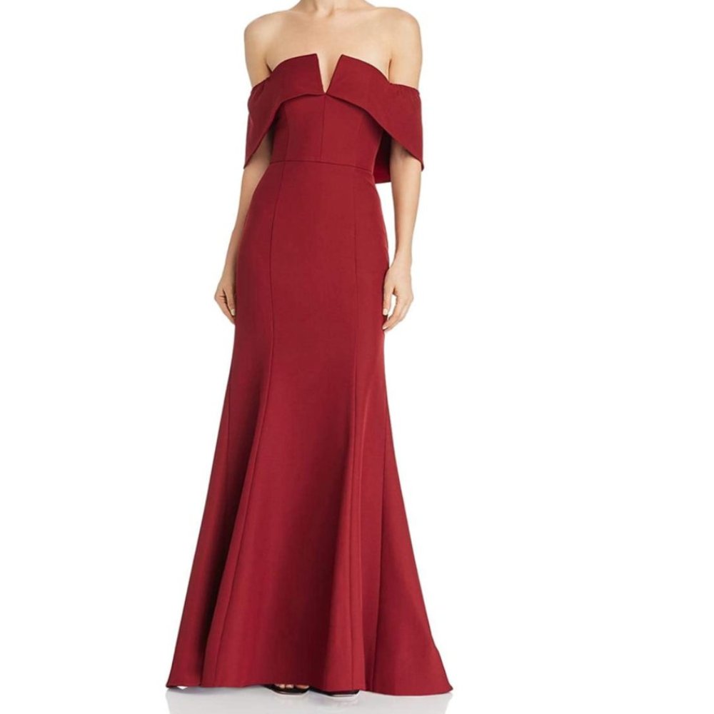 Off-Shoulder High-Low Evening Gown in Burgundy